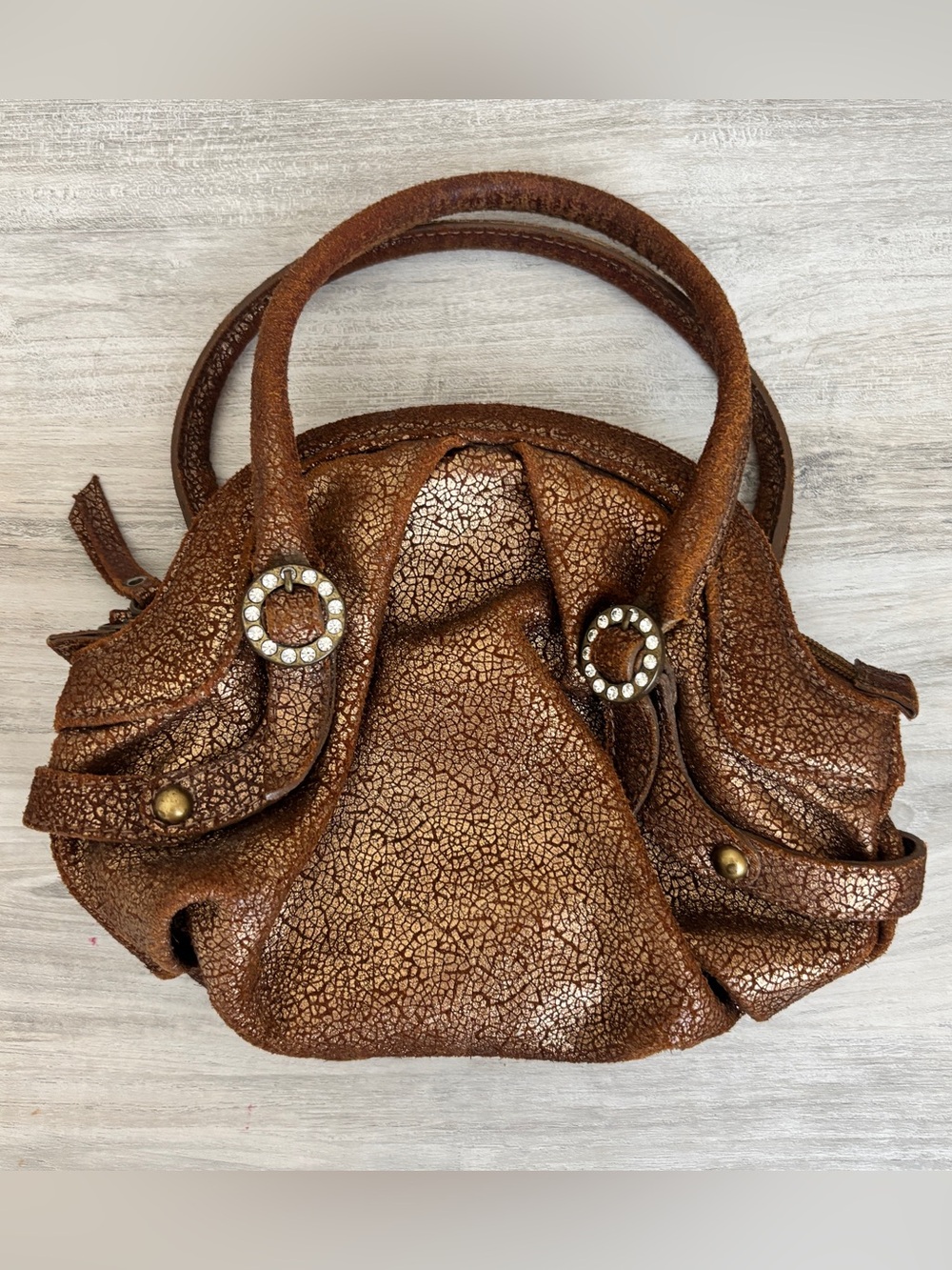 Andarella Vintage Metallic Bronze Mini Leather Handbag Boho Y2K Rhinestone Purse